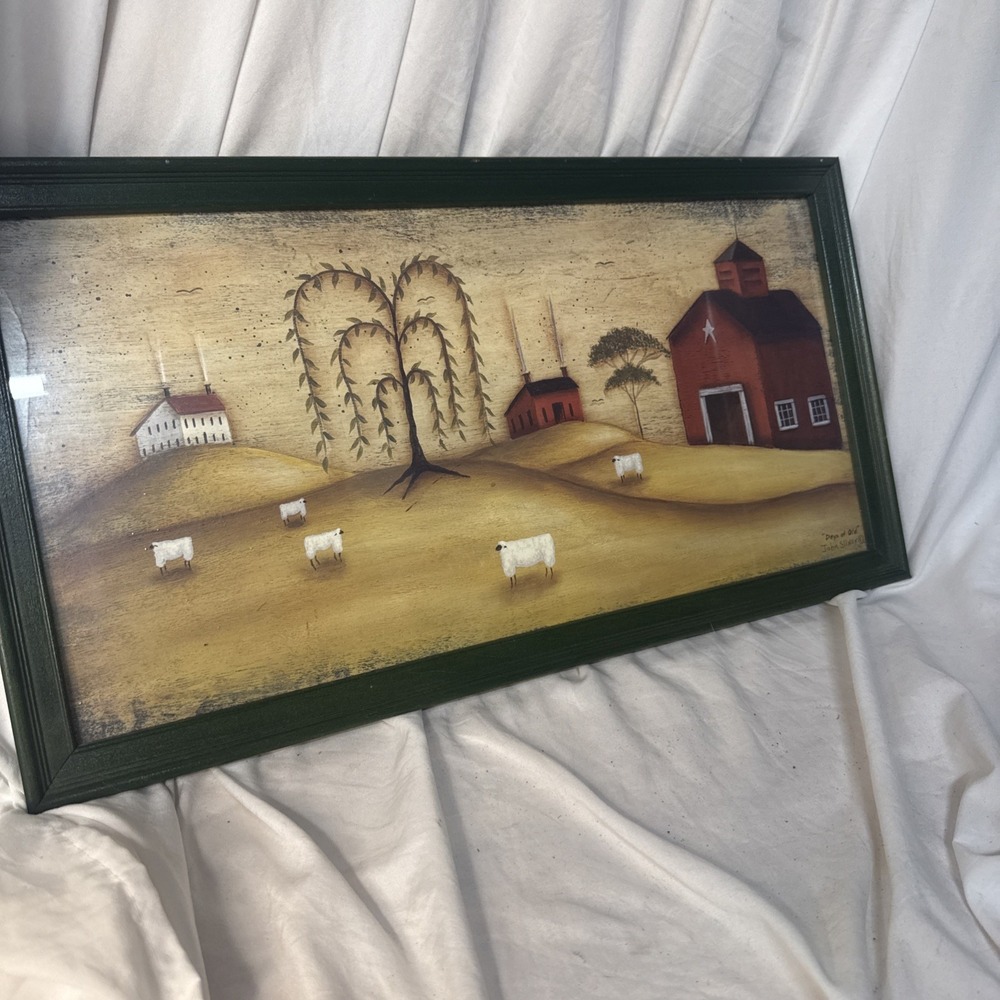 Y2K Sliney SIGNED Print Primitive Rustic Farmhouse Folk Art Barn Sheep Willow